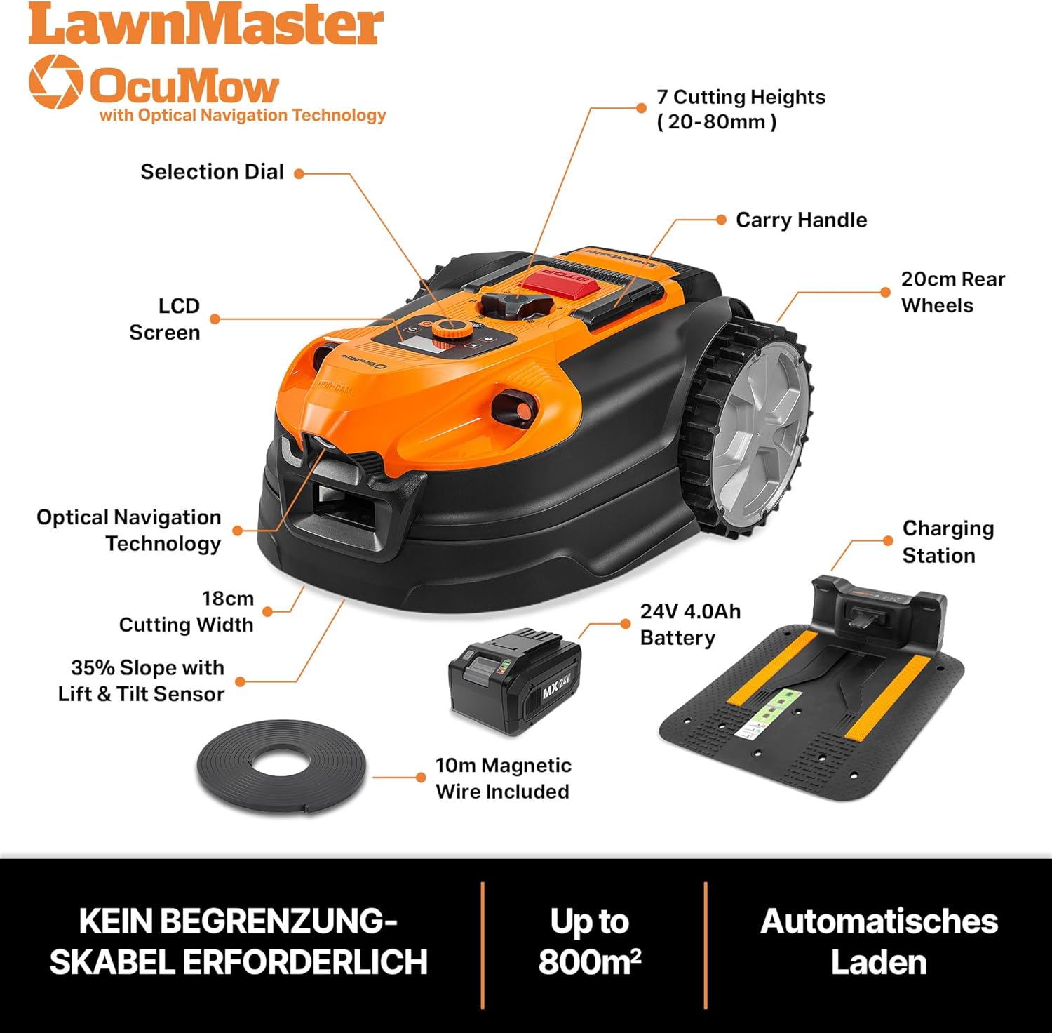 LawnMaster VBRM16 OcuMow™ Robots Electric Lawn Mowers for Gardens of 100 m2 Cut 20-60 mm, Slope 35% with Lithium Ion Battery MX 24V 4.0Ah and Fast Charger