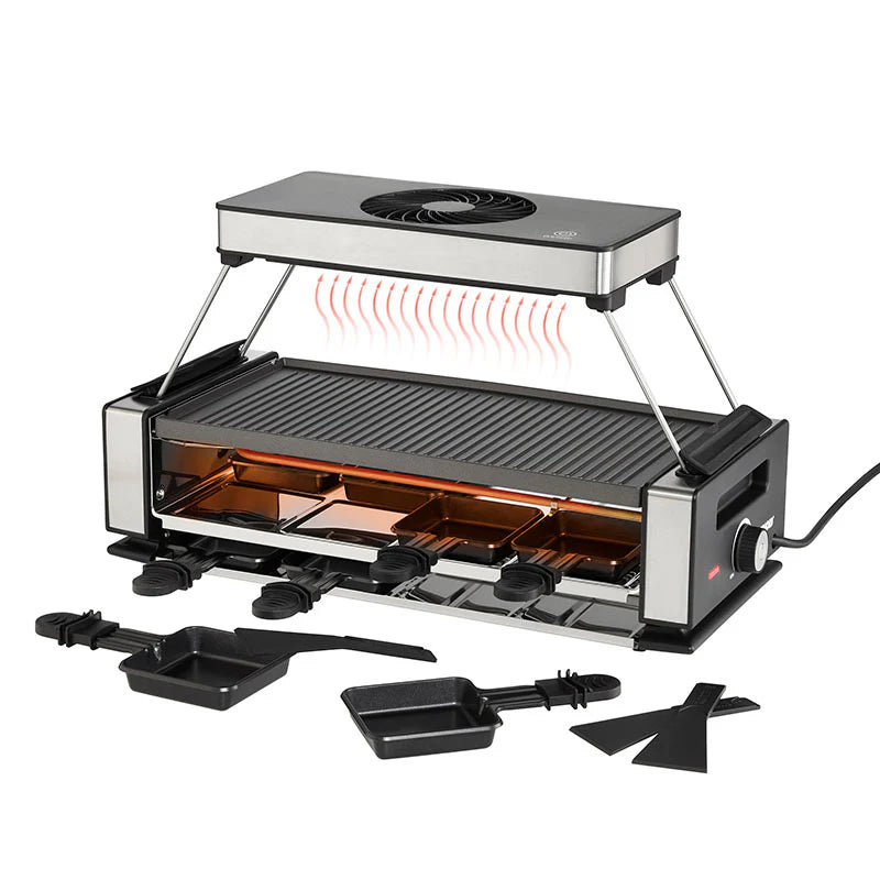 2025 Raclette-Grill „Smokeless 8“ – Raclette sin humo con placa antiadherente y 8 sartenes