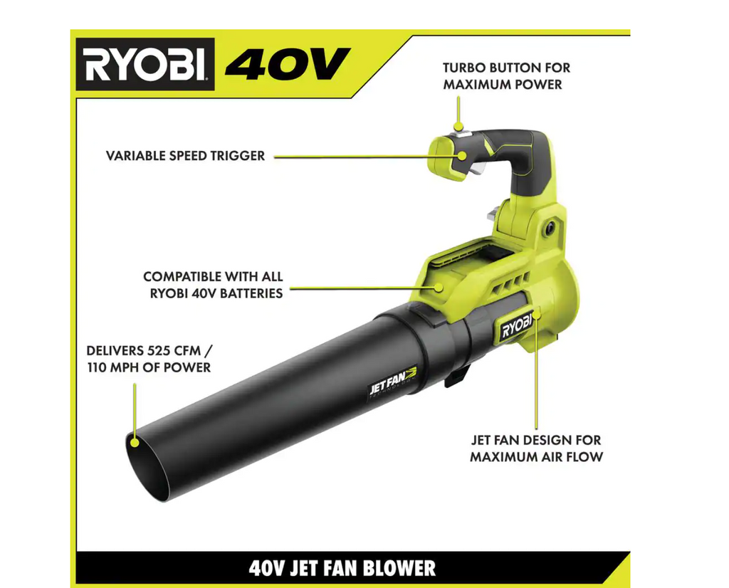 2025 Aspiradora y Soplador de Hojas Inalámbrico RYOBI RY40451BL 40V 110 MPH 525 CFM con 2 Baterías y 2 Cargadores