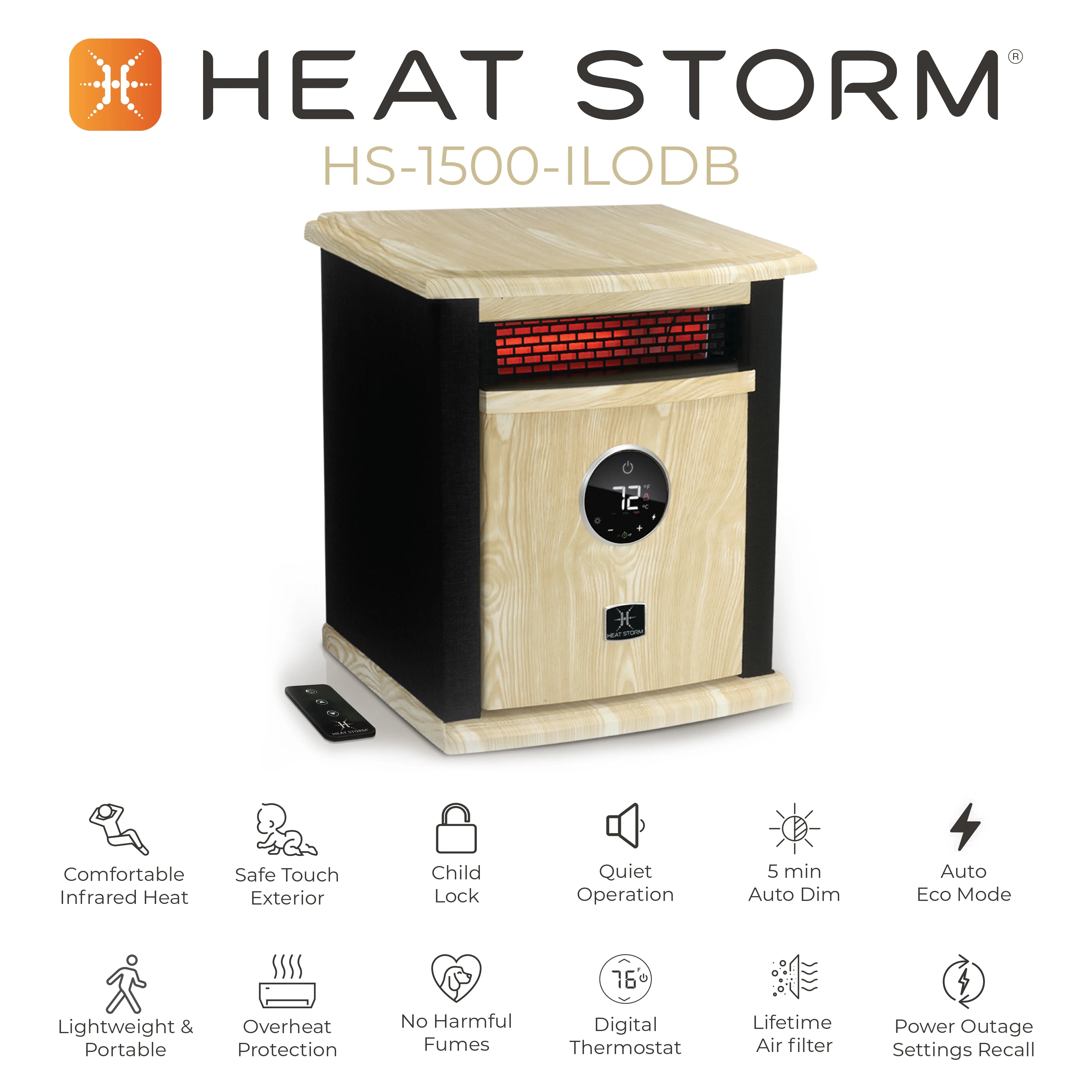Calefacción infrarroja Heat Storm Logan Deluxe 1500 W, de uso doméstico, negra, modelo HS-1500-ILOD-B – Nuevo y sin usar.