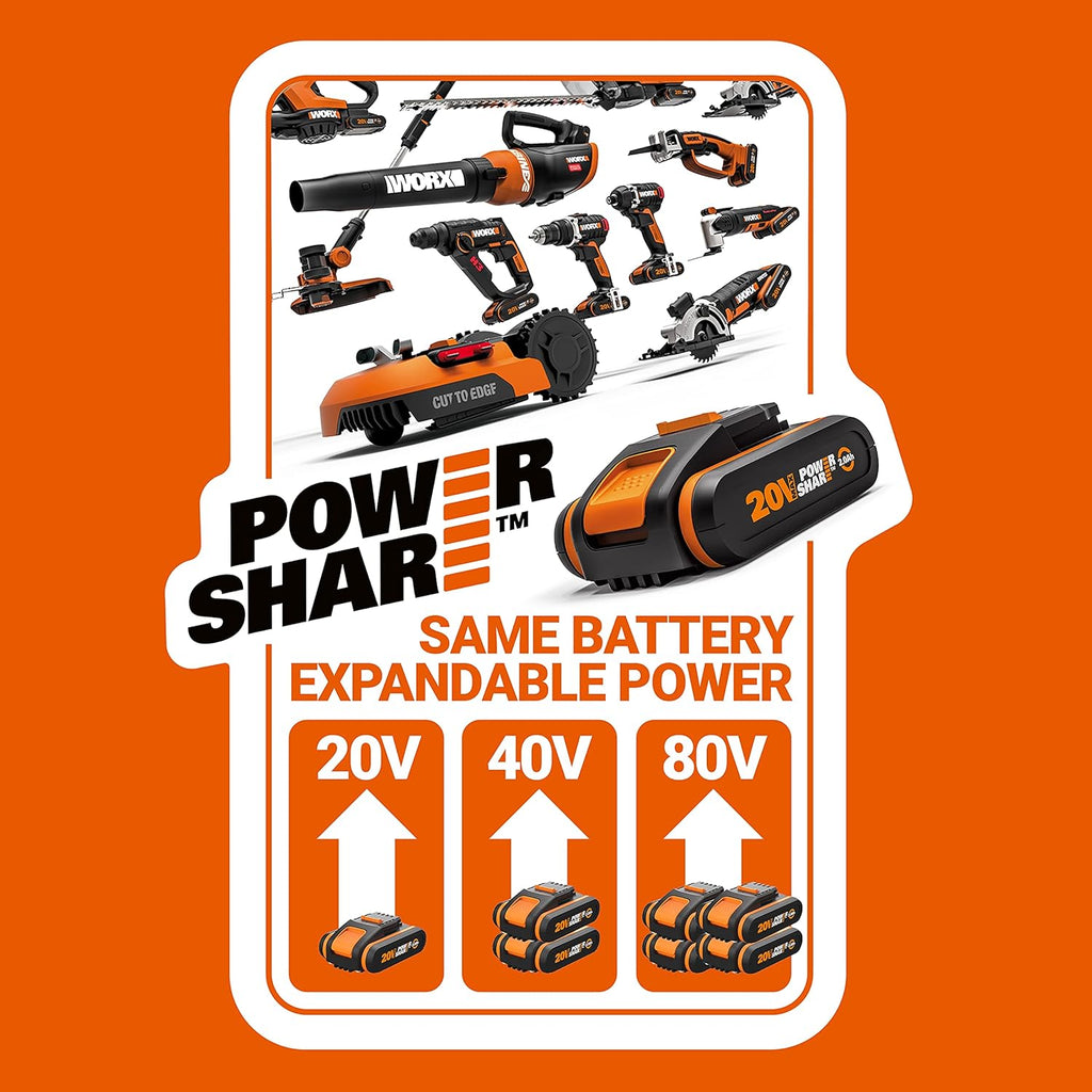 Worx 18V (20V MAX) Cortasetos Telescópica Alimentada por Batería PowerShare 2Ah WG252E, Cizalla Eléctrica, Tijeras Alimentadas por Batería con Hoja de Diamante Cortada con Láser