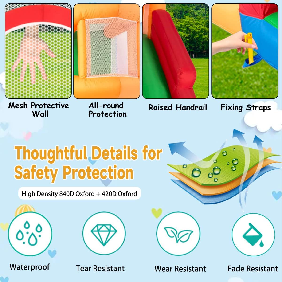 Ballsea Castillo Hinchable con Ventilador, Adecuado para niños de 3 a 10 años, para Interiores, cumpleaños Infantiles (488 x 223 x 220 cm)
