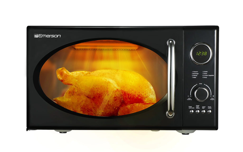 2025 Microondas retro negro Emerson 0,9 pies³ 800 W con función grill, modelo MWRG0901BK.