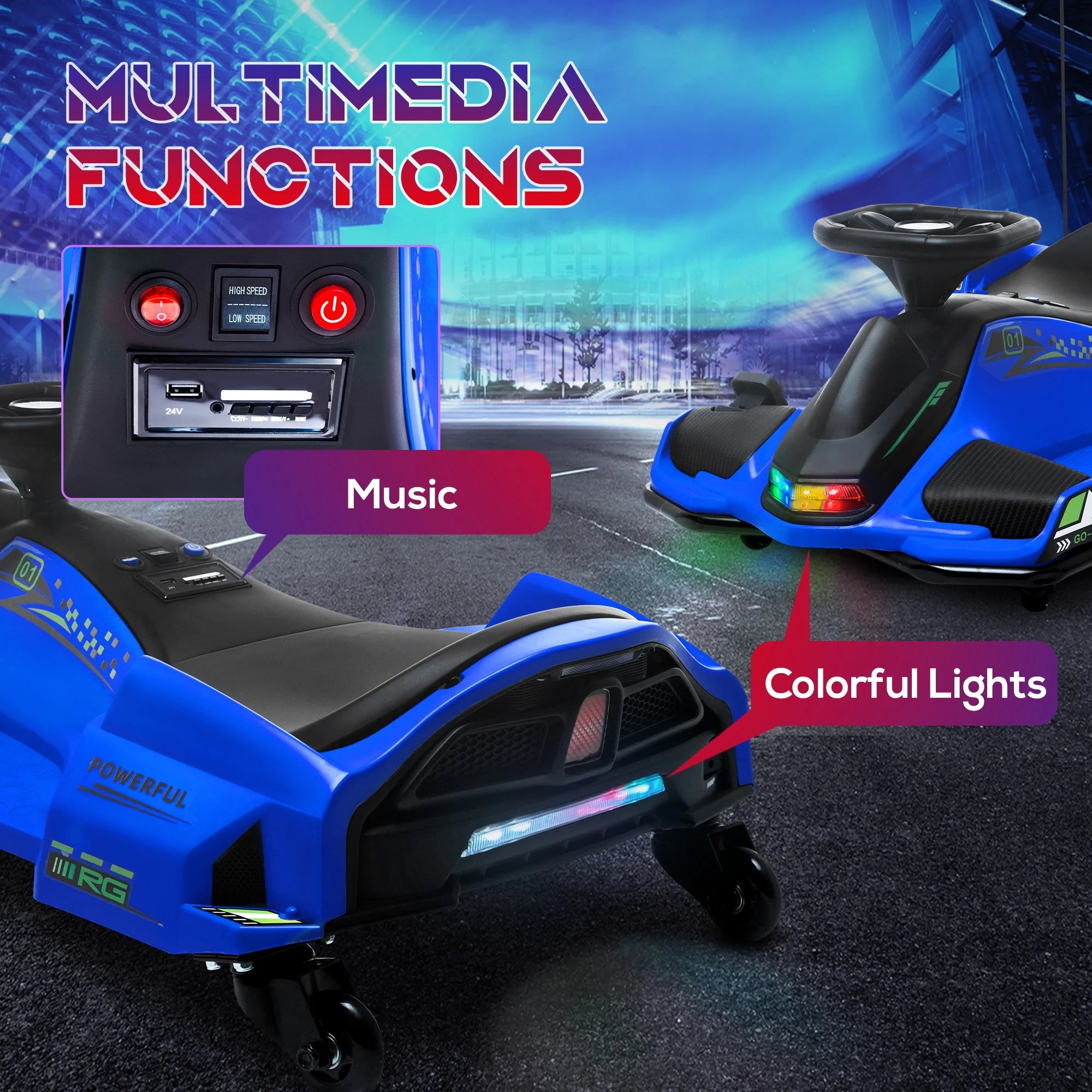2025 Kart eléctrico Aosom 12 V con arranque progresivo, música y luces, azul.