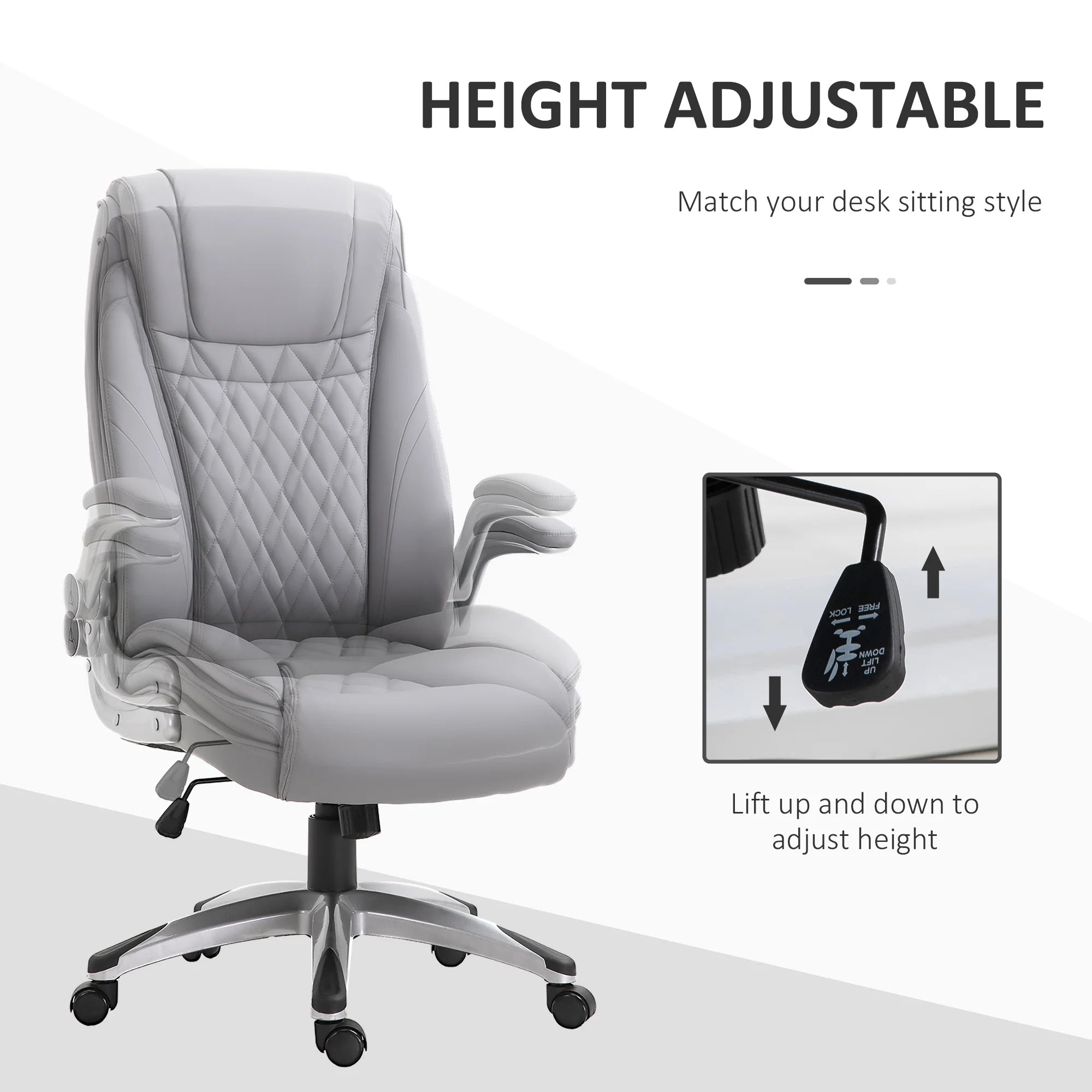 2025 Silla de Oficina de Cuero PU con Reposabrazos Abatibles, Altura Ajustable y Ruedas Giratorias, Gris