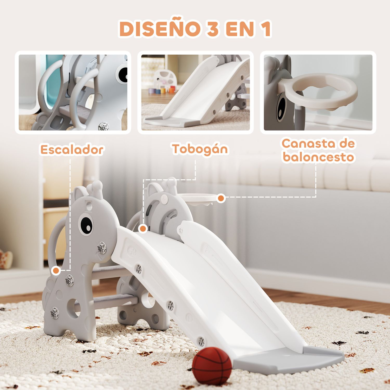 Tobogán Infantil 3 En 1 Con Diseño De Jirafa Gris Aiyaplay