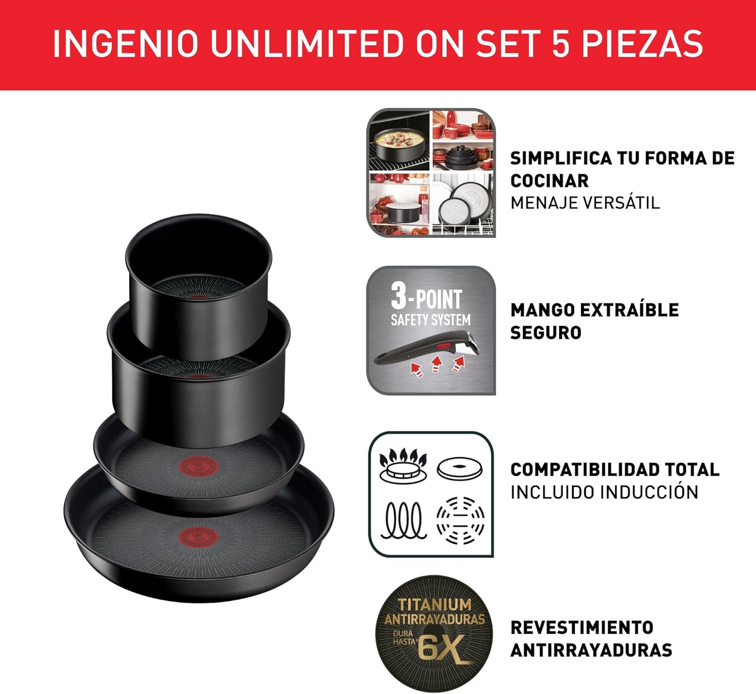 Tefal Ingenio Unlimited On - Juego de 3 Cazos 16/18/20 cm + Mango extraíble | Apto inducción, antiadherentes, revestimiento titanio, Thermo-signal, sin PFOA, apto lavavajillas y horno