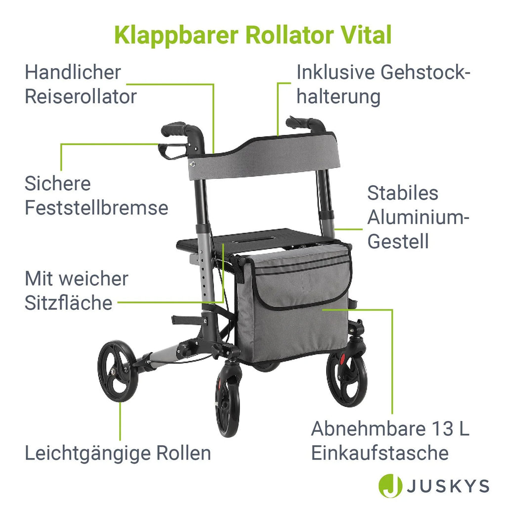 2025 Andador de aluminio Vital con asiento – Ligero, plegable y seguro