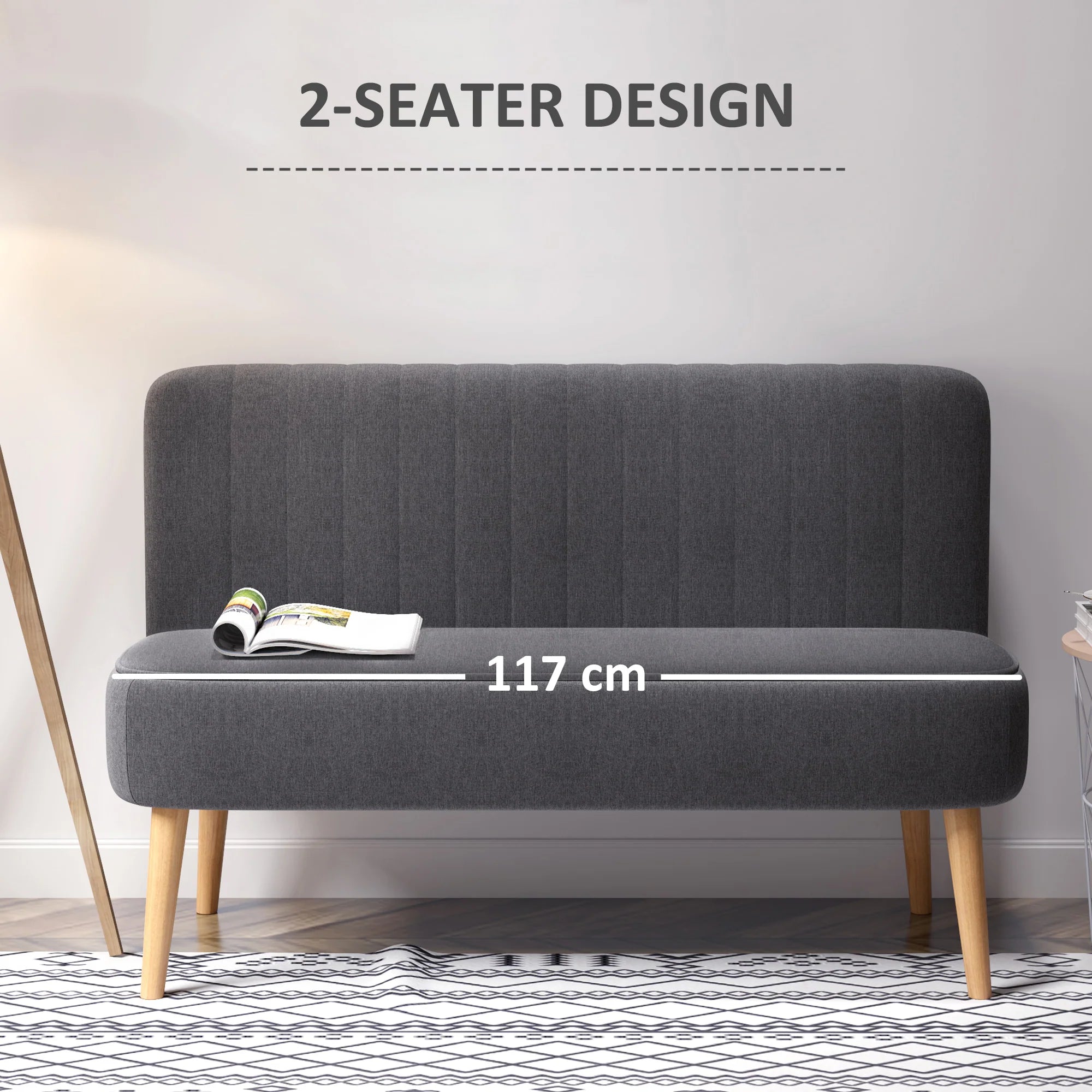 Sofá moderno de lino para 2 plazas, sofá compacto con acolchado y patas de madera, gris