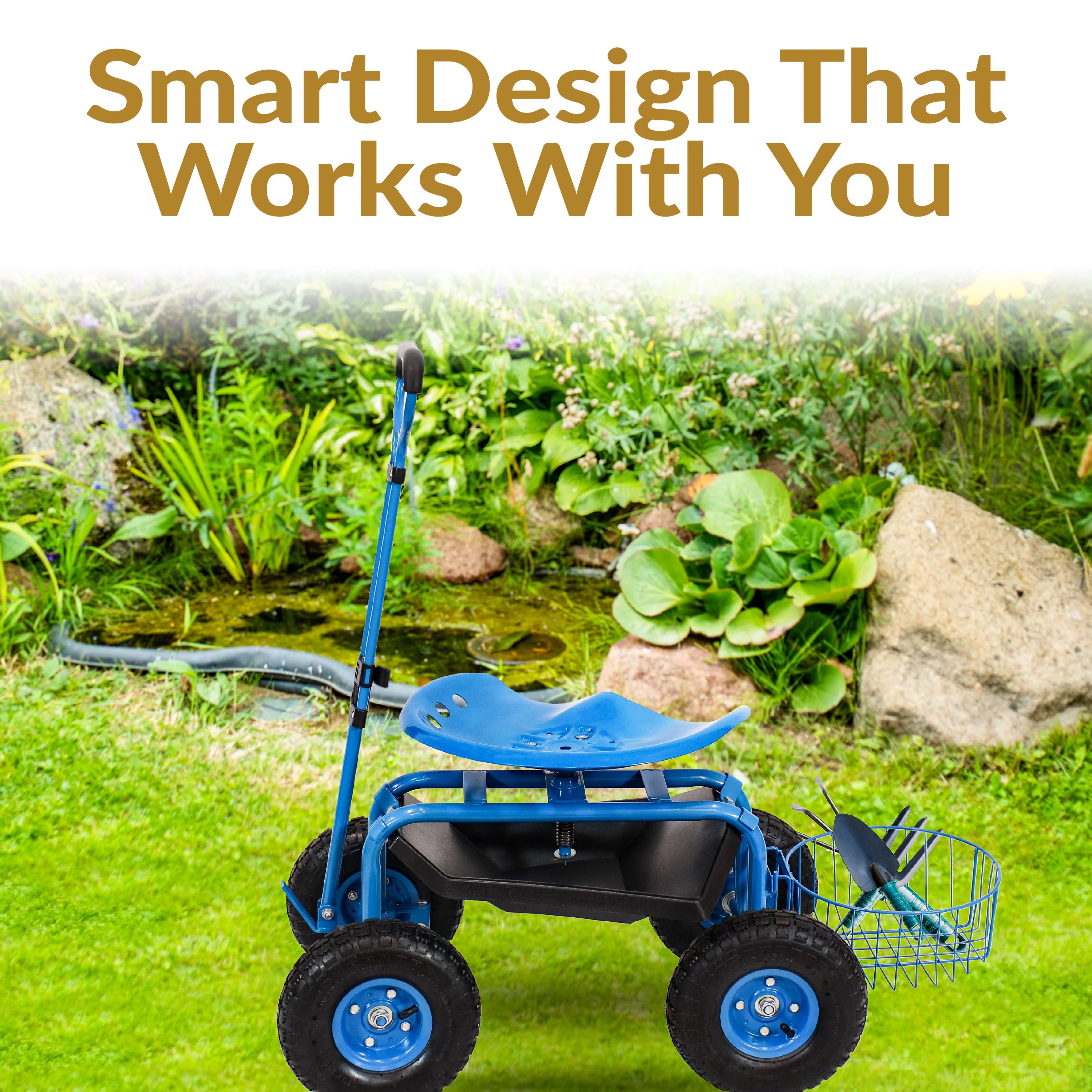 2025 Carrito de Jardín Rodante Sunnydaze con Asiento Giratorio, Manillar y Cesta