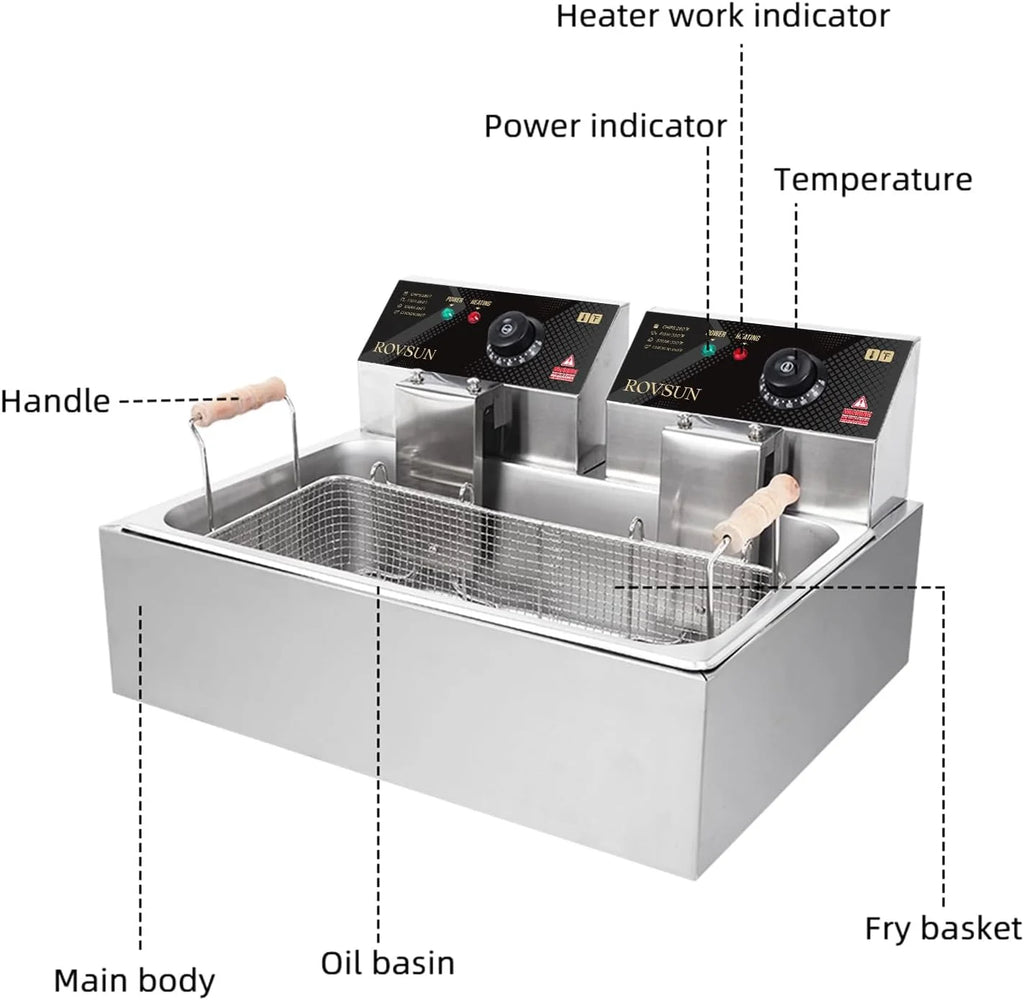 Freidora eléctrica ROVSUN de 23,8 Qt con gran canasta única y tapa, temperatura ajustable, freidora comercial de acero inoxidable para papas fritas, aros de cebolla y pavo, 5000 W.