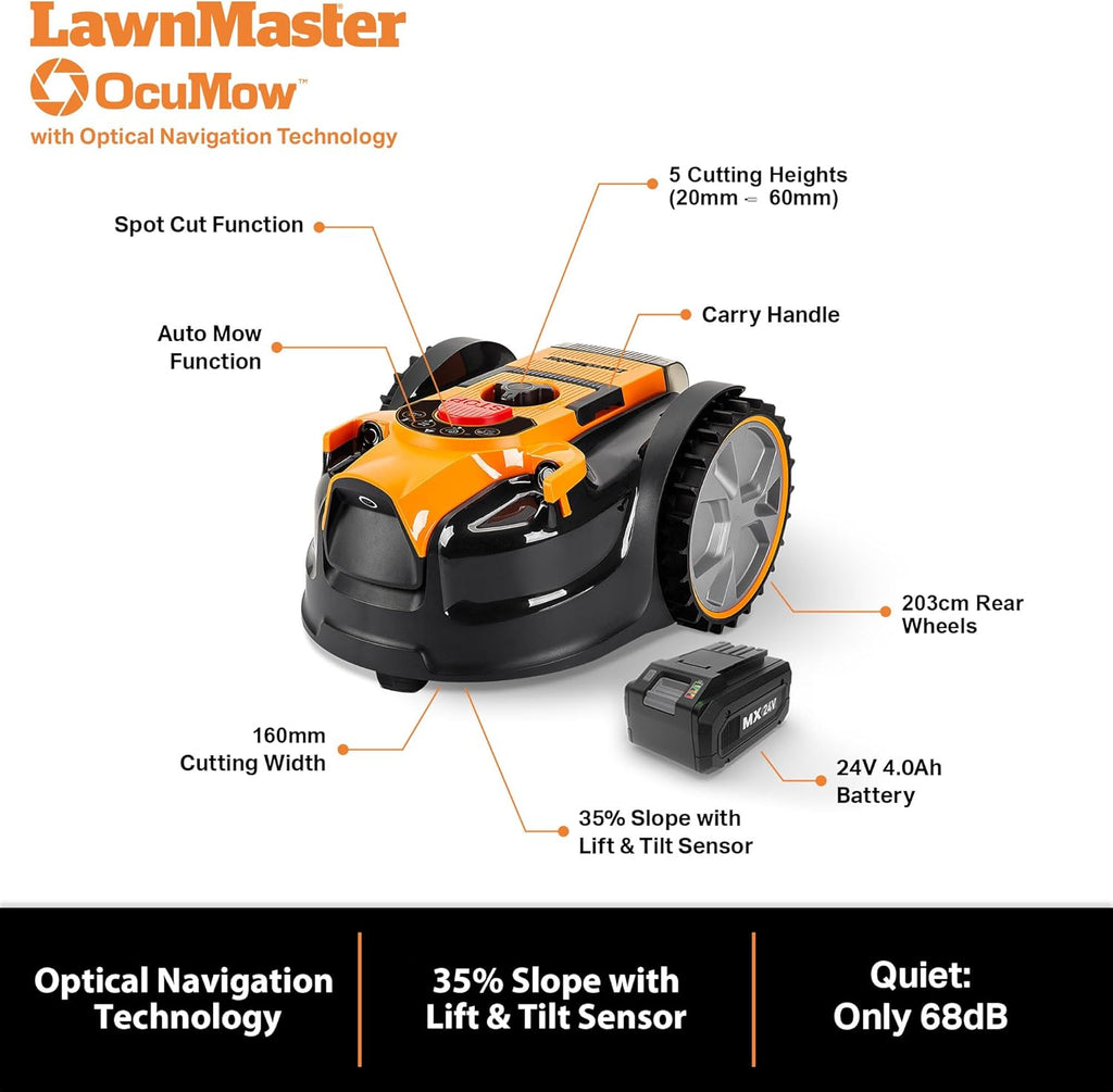 LawnMaster VBRM16 OcuMow™ Robots Electric Lawn Mowers for Gardens of 100 m2 Cut 20-60 mm, Slope 35% with Lithium Ion Battery MX 24V 4.0Ah and Fast Charger