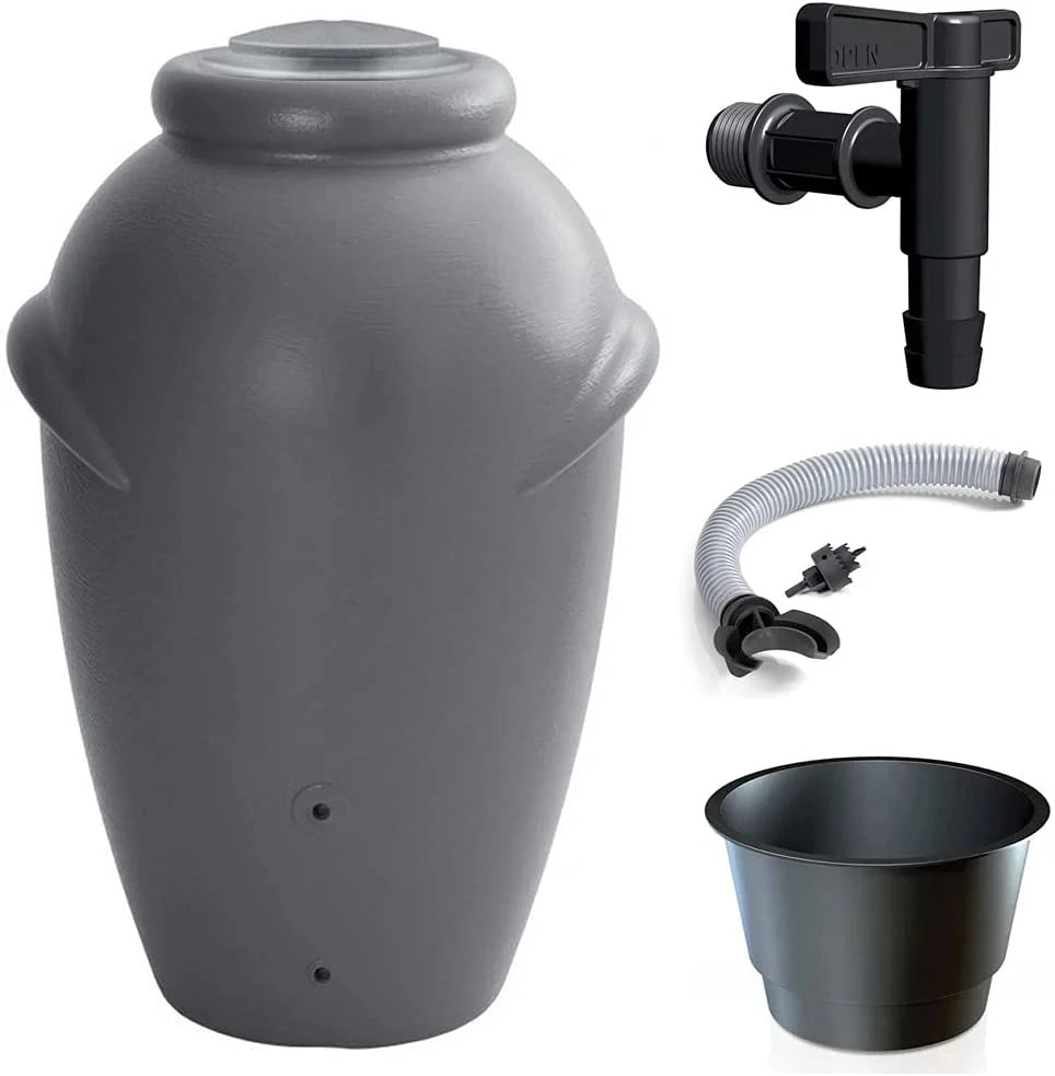2025 Depósito de Agua de Lluvia AQUA CAN de 210 L Color Gris – Barril Decorativo con Grifo y Kit de Conexión