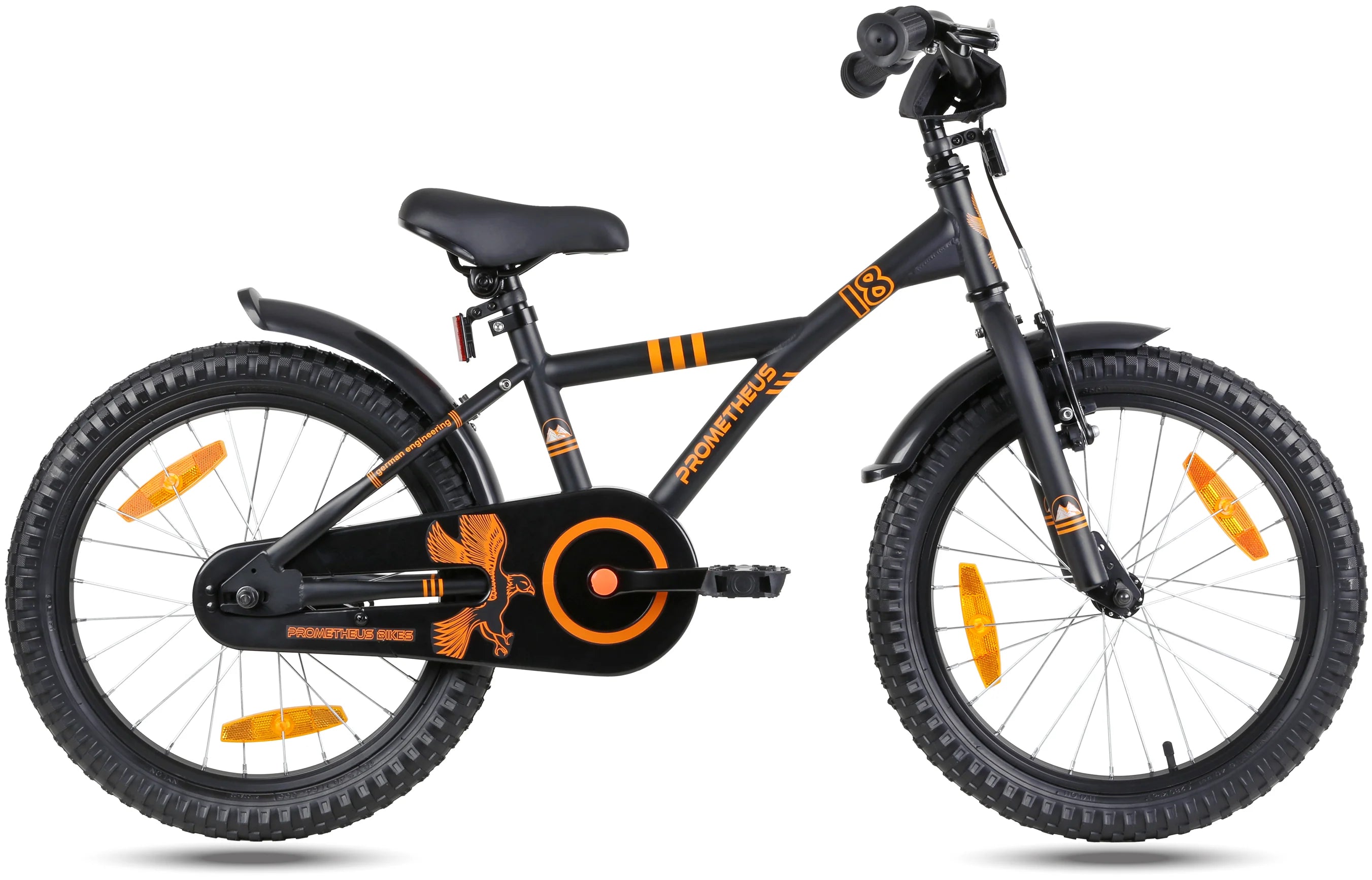 2025 Bicicleta Infantil de 18 Pulgadas, Negro Mate y Naranja, desde 5 Años