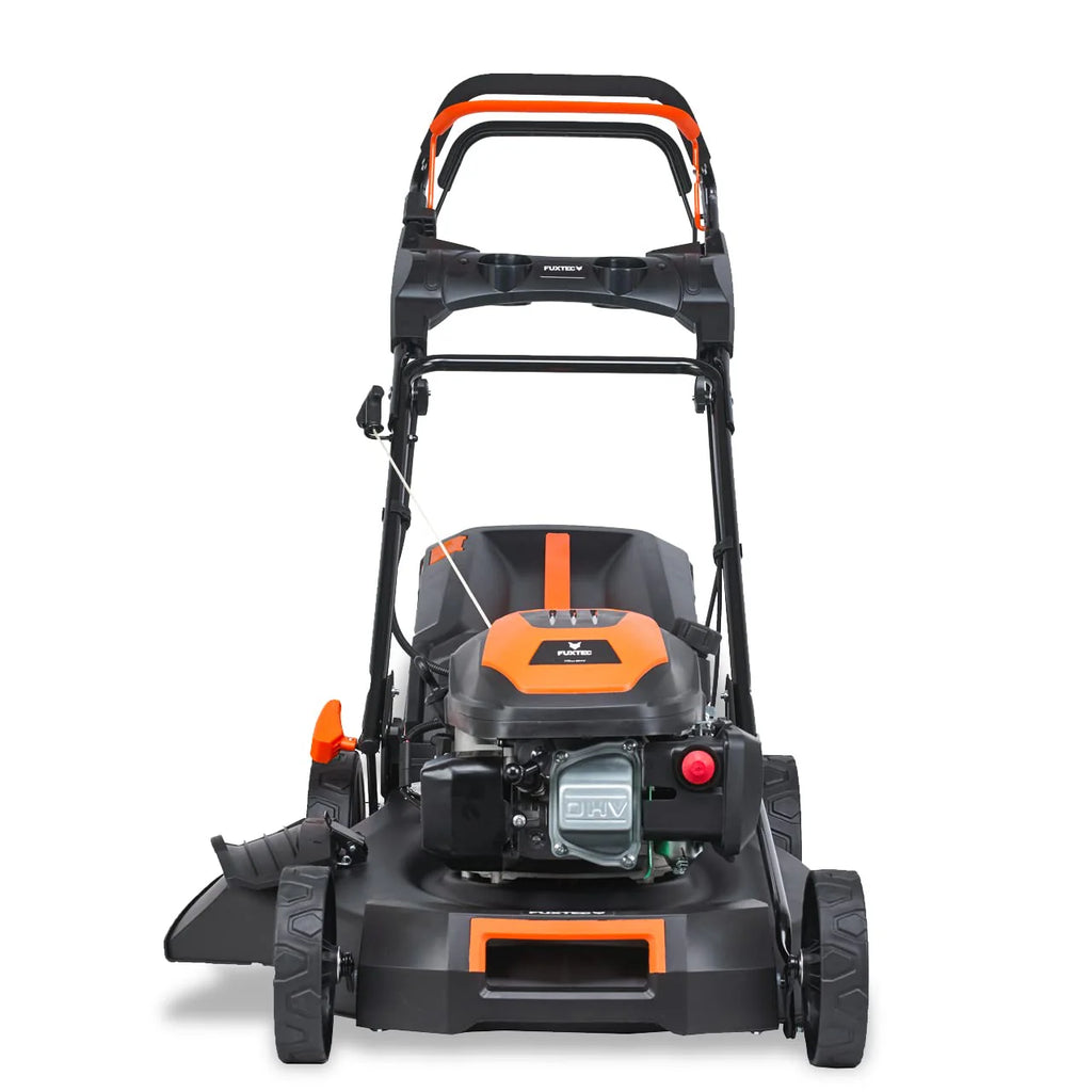 2025 Cortacésped de gasolina 4 en 1 FUXTEC FX-RM5196eS con motor ZIPGO, cortacésped de jardín con función de descarga lateral, ancho de corte 51 cm, motor de 4 tiempos con tracción trasera, ruedas grandes con rodamientos, bolsa de césped 60 L