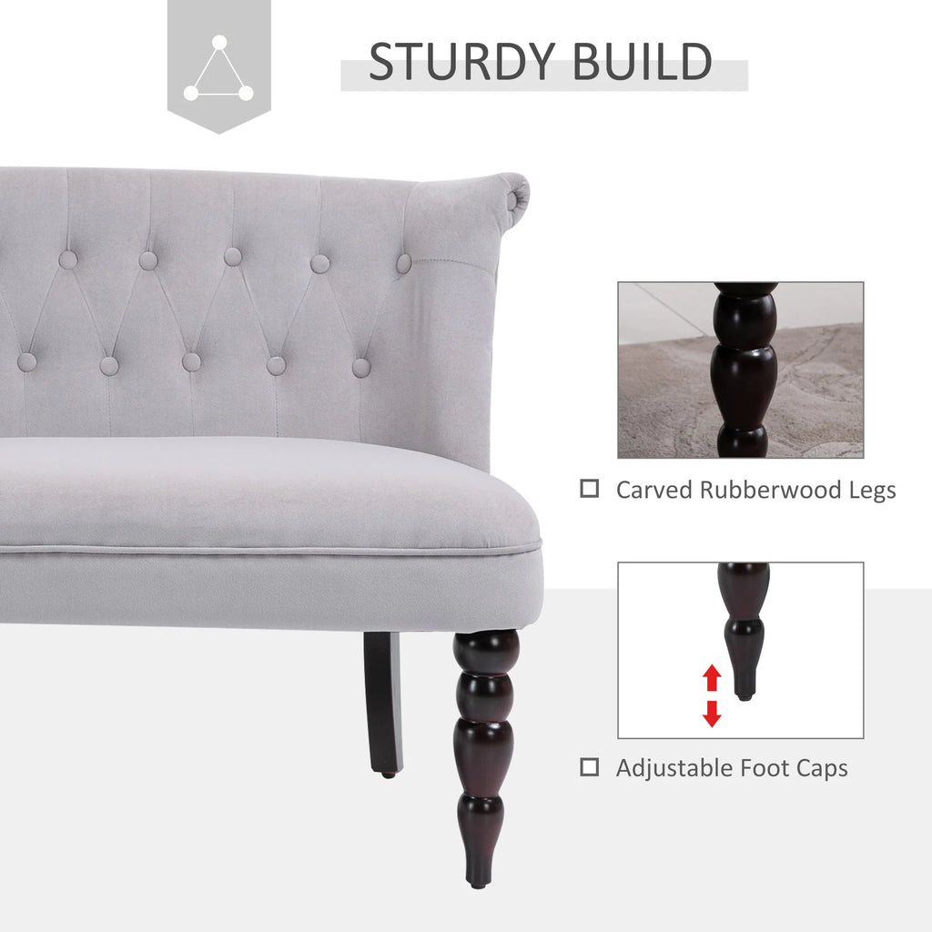 Sofá loveseat vintage, sillón capitoné con patas talladas y marco de madera, gris
