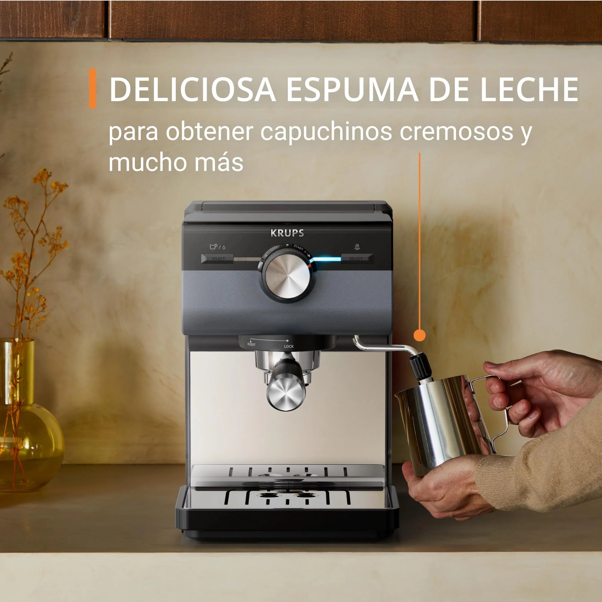 Krups Virtuoso Essential - Cafetera espresso 15 bar, acero inox negro, diseño compacto y elegante, parada automática, espresso y cappuccino, Thermoblock, boquilla de vapor, incluye cuchara, XP4418
