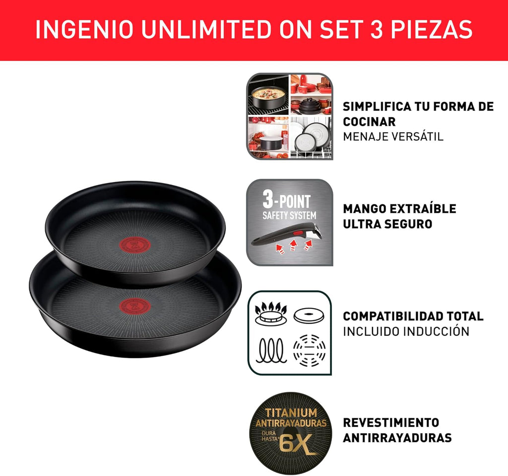 Tefal Ingenio Unlimited On - Juego de 3 Cazos 16/18/20 cm + Mango extraíble | Apto inducción, antiadherentes, revestimiento titanio, Thermo-signal, sin PFOA, apto lavavajillas y horno