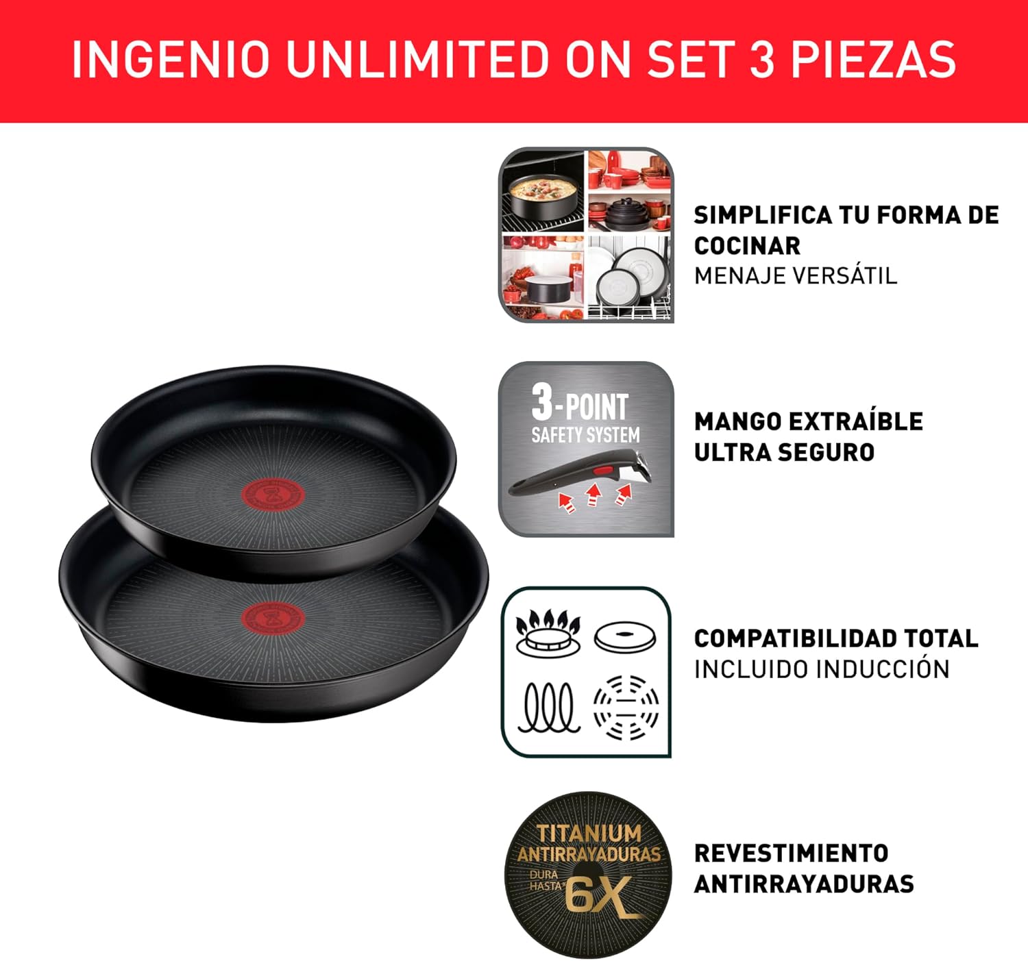 Tefal Ingenio Unlimited On - Juego de 3 Cazos 16/18/20 cm + Mango extraíble | Apto inducción, antiadherentes, revestimiento titanio, Thermo-signal, sin PFOA, apto lavavajillas y horno