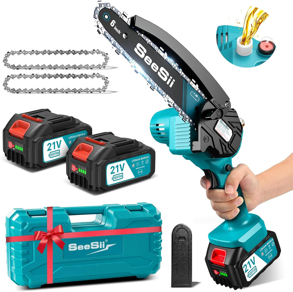 SEESII 2-in-1 Cordless Chain Saw and Mini Chainsaw with 2 4000mAh Batteries, 8 Inch Brushless Chainsaw with Telescopic Pole, Extendable up to 15 Feet for Tree Pruning