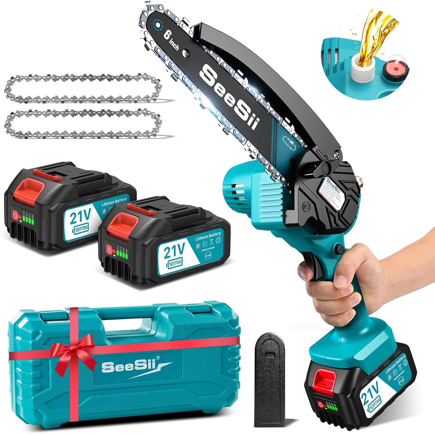 SEESII 2-in-1 Cordless Chain Saw and Mini Chainsaw with 2 4000mAh Batteries, 8 Inch Brushless Chainsaw with Telescopic Pole, Extendable up to 15 Feet for Tree Pruning