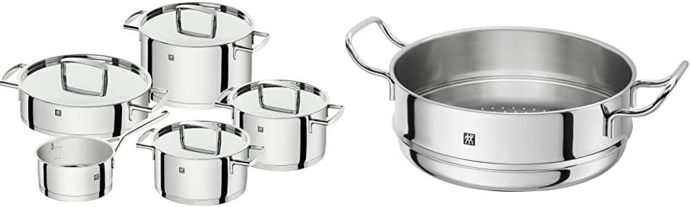 ZWILLING 5-Piece Cookware Set, 4 Lids, Suitable for Induction, Stainless Steel, Passion, Bright Grey, Diameter 16 cm, Diameter 20 cm, Diameter 24 cm, Diameter 28 cm