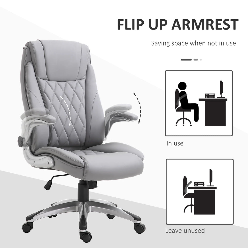 2025 Silla de Oficina de Cuero PU con Reposabrazos Abatibles, Altura Ajustable y Ruedas Giratorias, Gris