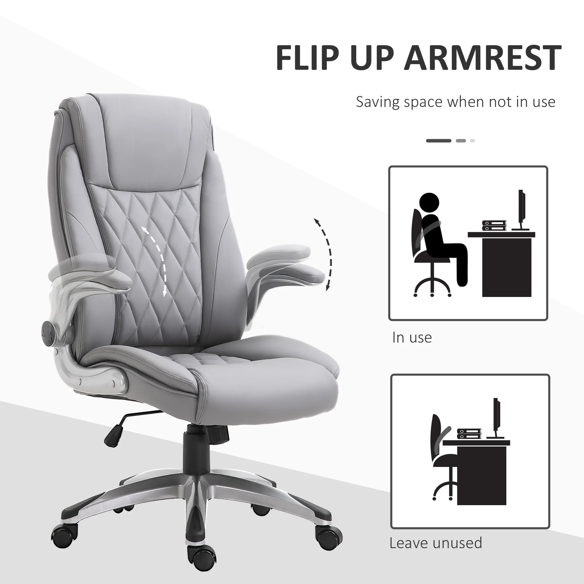 2025 Silla de Oficina de Cuero PU con Reposabrazos Abatibles, Altura Ajustable y Ruedas Giratorias, Gris