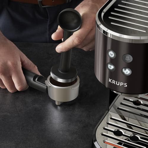 Krups Virtuoso Essential - Cafetera espresso 15 bar, acero inox negro, diseño compacto y elegante, parada automática, espresso y cappuccino, Thermoblock, boquilla de vapor, incluye cuchara, XP4418