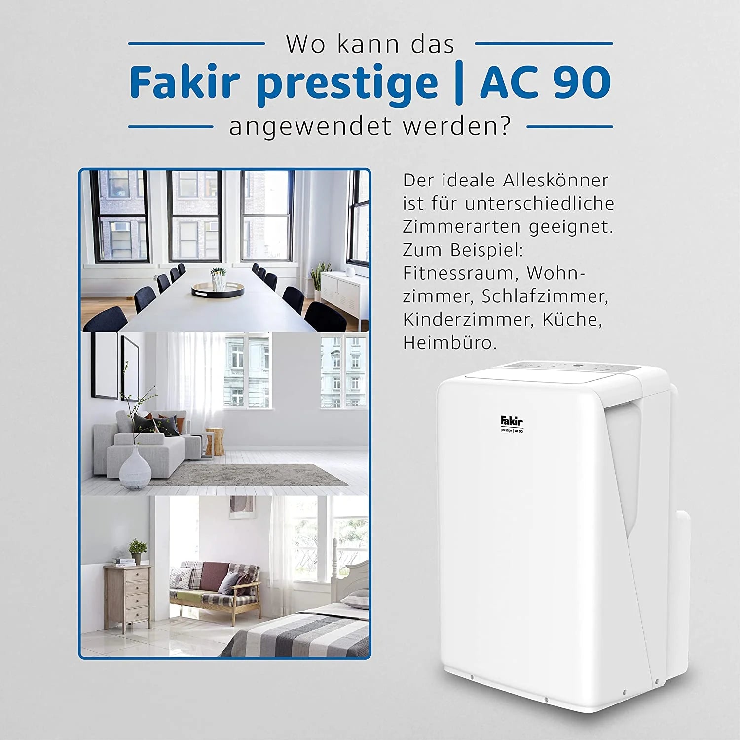 2025 Fakir Prestige AC 90 – Aire Acondicionado Móvil | Enfriador de Aire con 3 Modos de Viento + Función Automática, Temporizador y Control Remoto | Ventilador Auxiliar para Estancias de Hasta 85 m³ | Blanco | 2600 Vatios