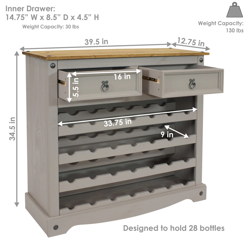 2025 Mesa estante para vino de pino macizo Sunnydaze – 28 botellas, gris, 88 cm