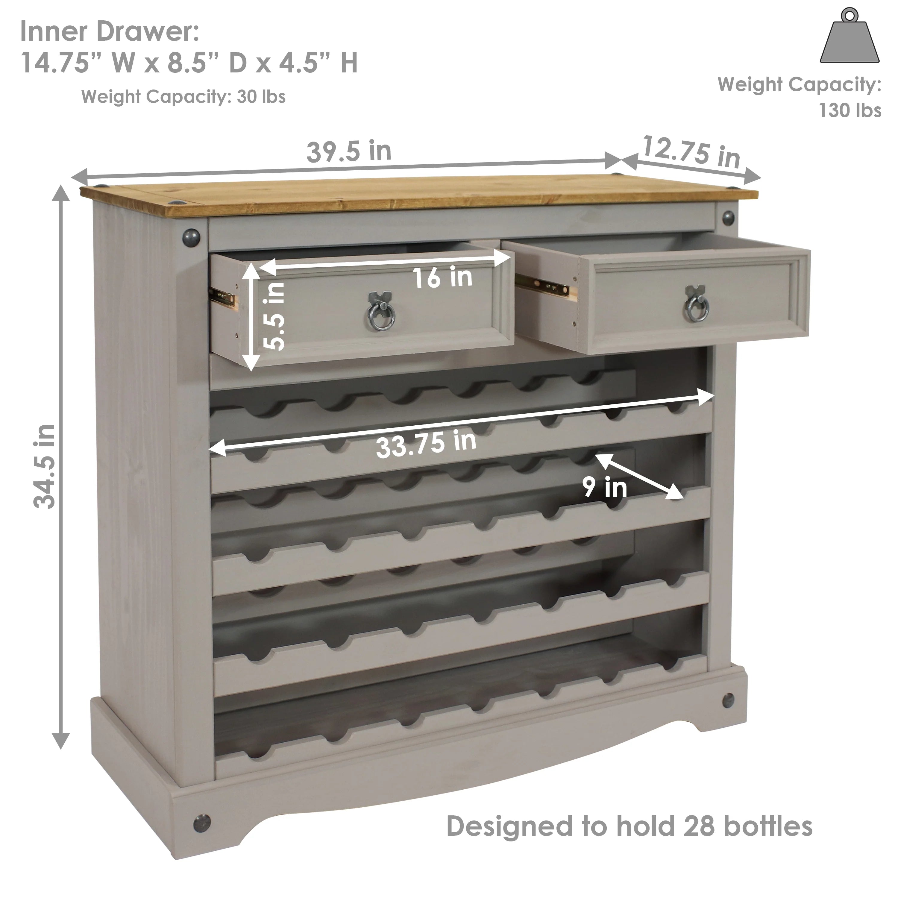 2025 Mesa estante para vino de pino macizo Sunnydaze – 28 botellas, gris, 88 cm