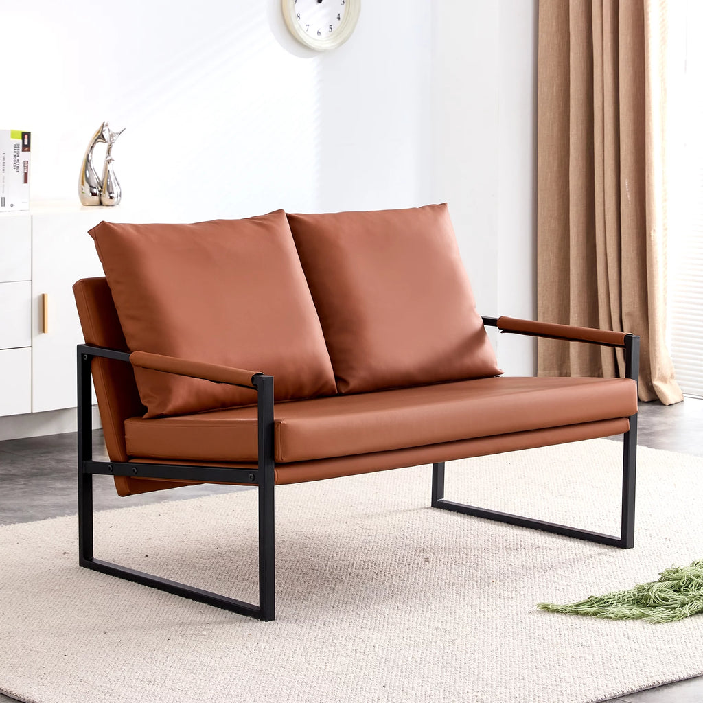 2025 Wasait canapé deux places moderne avec 2 coussins – cuir PU, mousse haute densité, cadre métallique noir. Couleur marron SF-D008