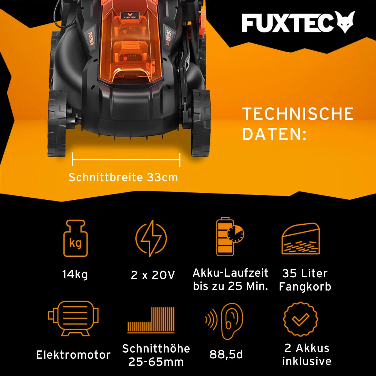 2025 Cortacésped inalámbrico FUXTEC 40V (2x20V) E1RM20 con 2 baterías Li-Ion 20V 2Ah y cargador doble – Ancho de corte 33 cm, altura de corte variable