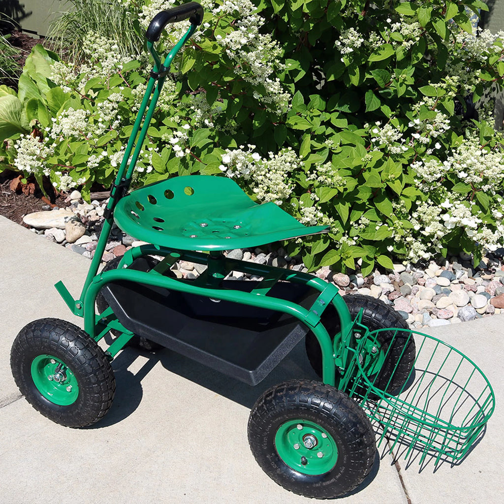 2025 Carrito de Jardín Rodante Sunnydaze con Asiento Giratorio, Manillar y Cesta