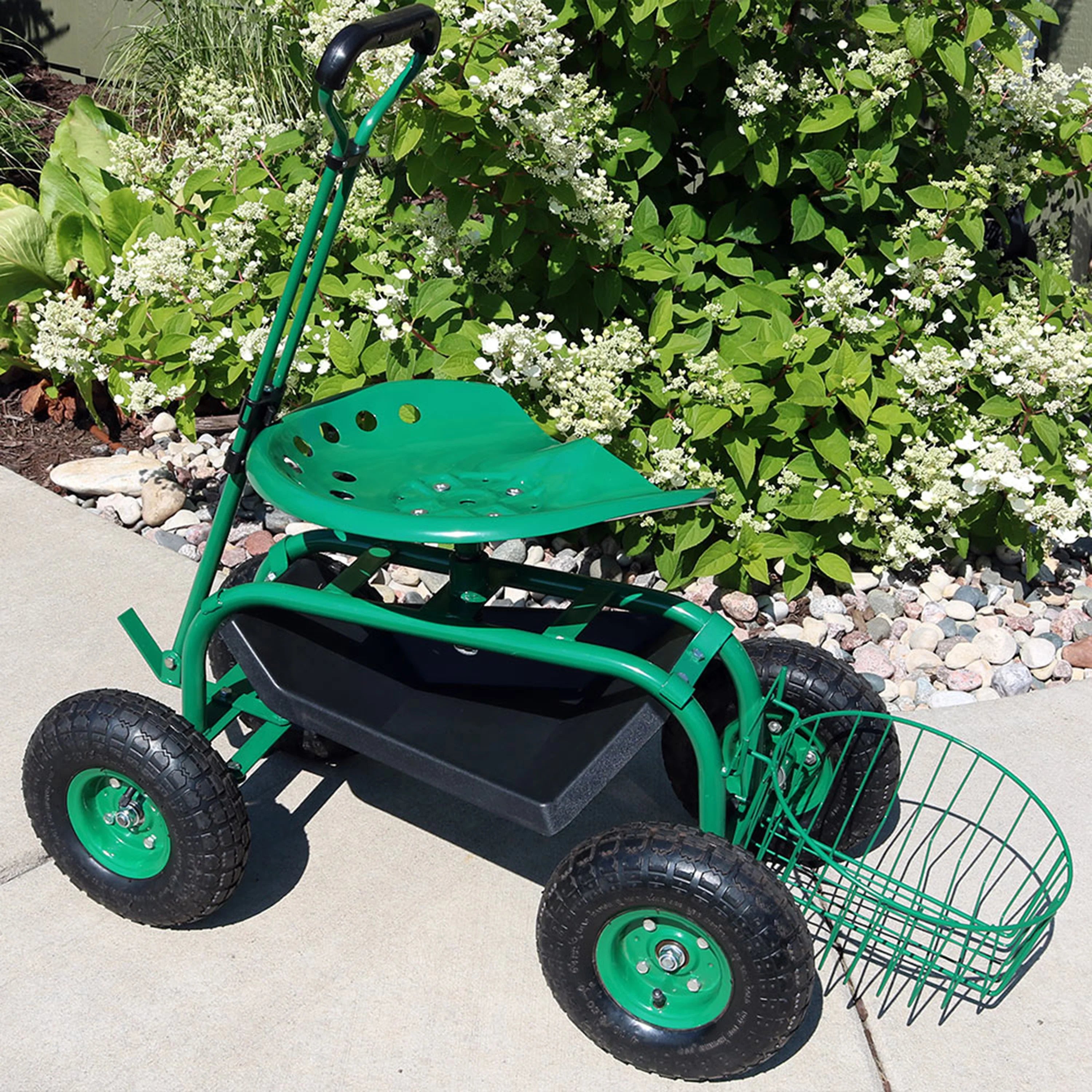 2025 Carrito de Jardín Rodante Sunnydaze con Asiento Giratorio, Manillar y Cesta