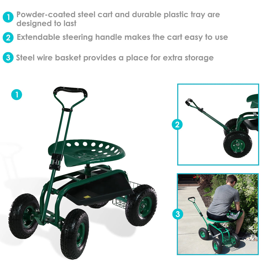 2025 Carrito de Jardín Rodante Sunnydaze con Asiento Giratorio y Manillar de Dirección