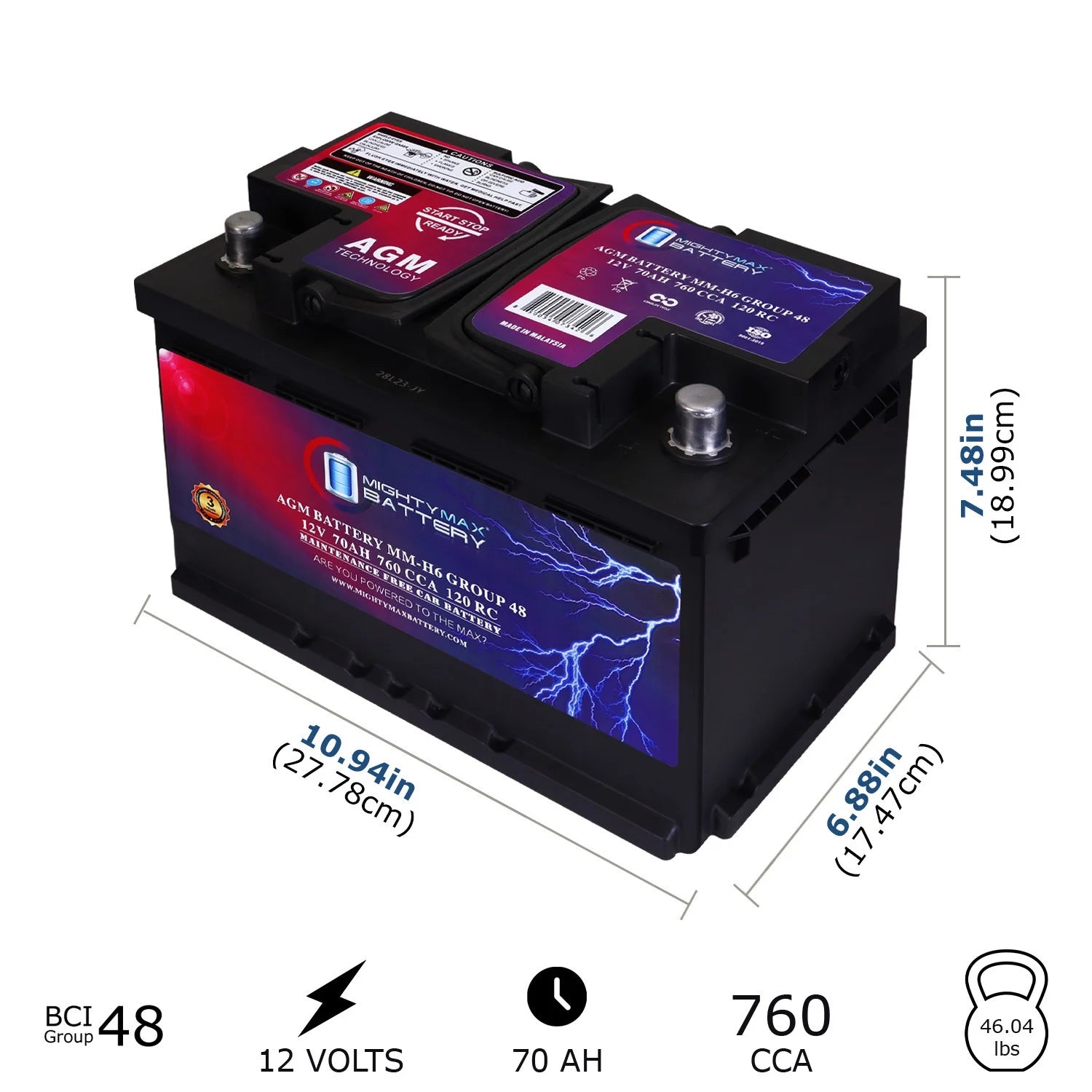 Batería de repuesto MM-H6 Grupo 48 12 V 70 Ah 120 RC 760 CCA – Compatible con Chevrolet Silverado 1500 1/2 Tonne 2007–2013