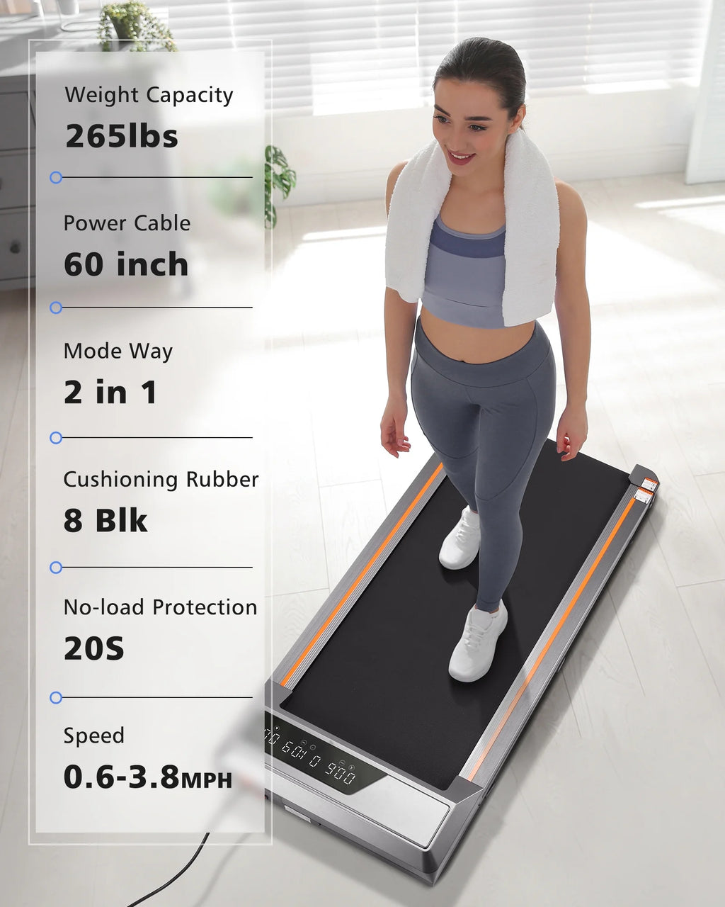 Cinta de correr Naipo 2,5 CV para uso doméstico con pantalla LCD, ruedas de transporte y capacidad máxima de 120 kg.