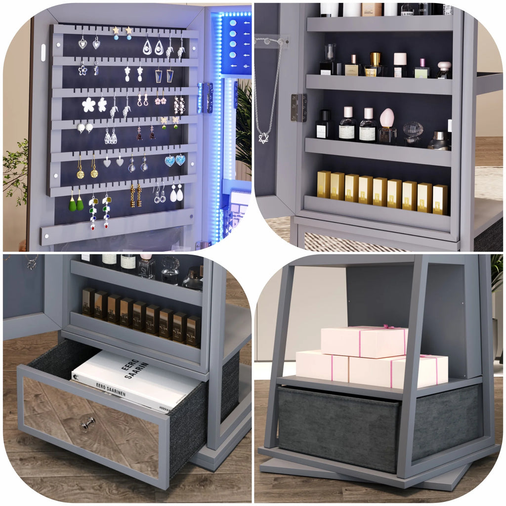Joyero FREDEES con espejo e iluminación: organizador de madera con espejo de cuerpo entero para mujer, color gris elegante.