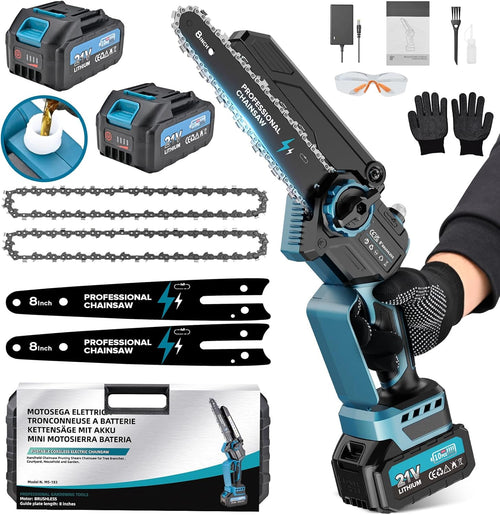 2-en-1 8 Pulgadas Mini Motosierra y Motosierra de Pértiga Inalámbrica con 2 Baterías de 4000mAh, Motosierra sin Escobillas con Telescópicas para Exterior, Extensible hasta 4M