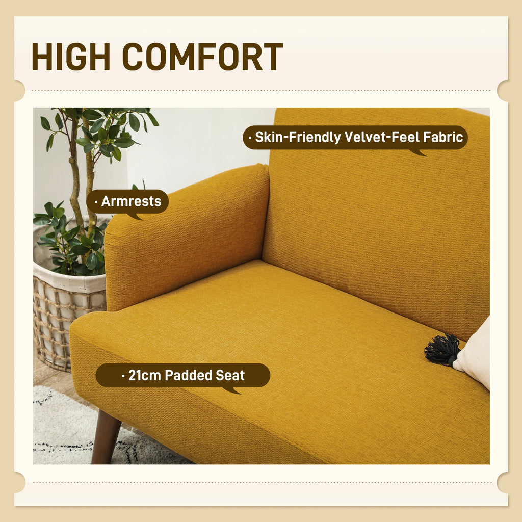 Sofá de 2 plazas en terciopelo, acolchado grueso de 21 cm y patas de madera, color amarillo
