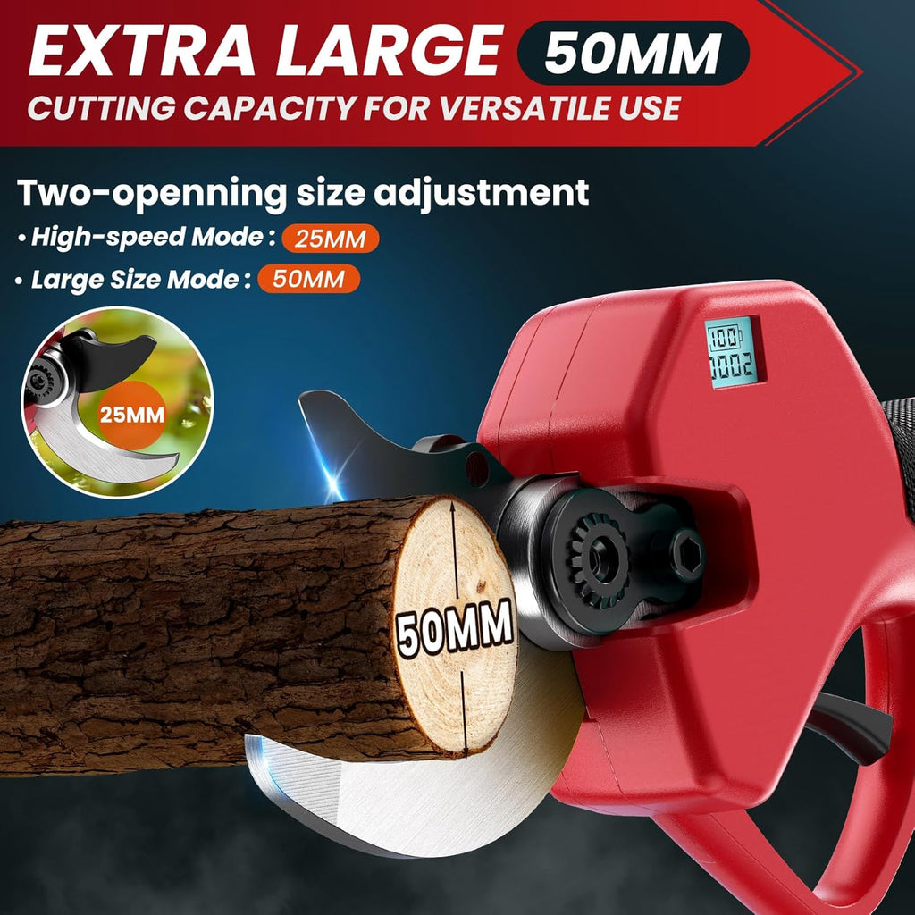 Electric Pruning Shears 50 mm, with Display, 2 Batteries 2000 mAh, Continued 4-8 Hours, Cutting Diameter is Adjustable in Two Gears (35/50 mm), Suitable for Orchards, Gardens and Farms
