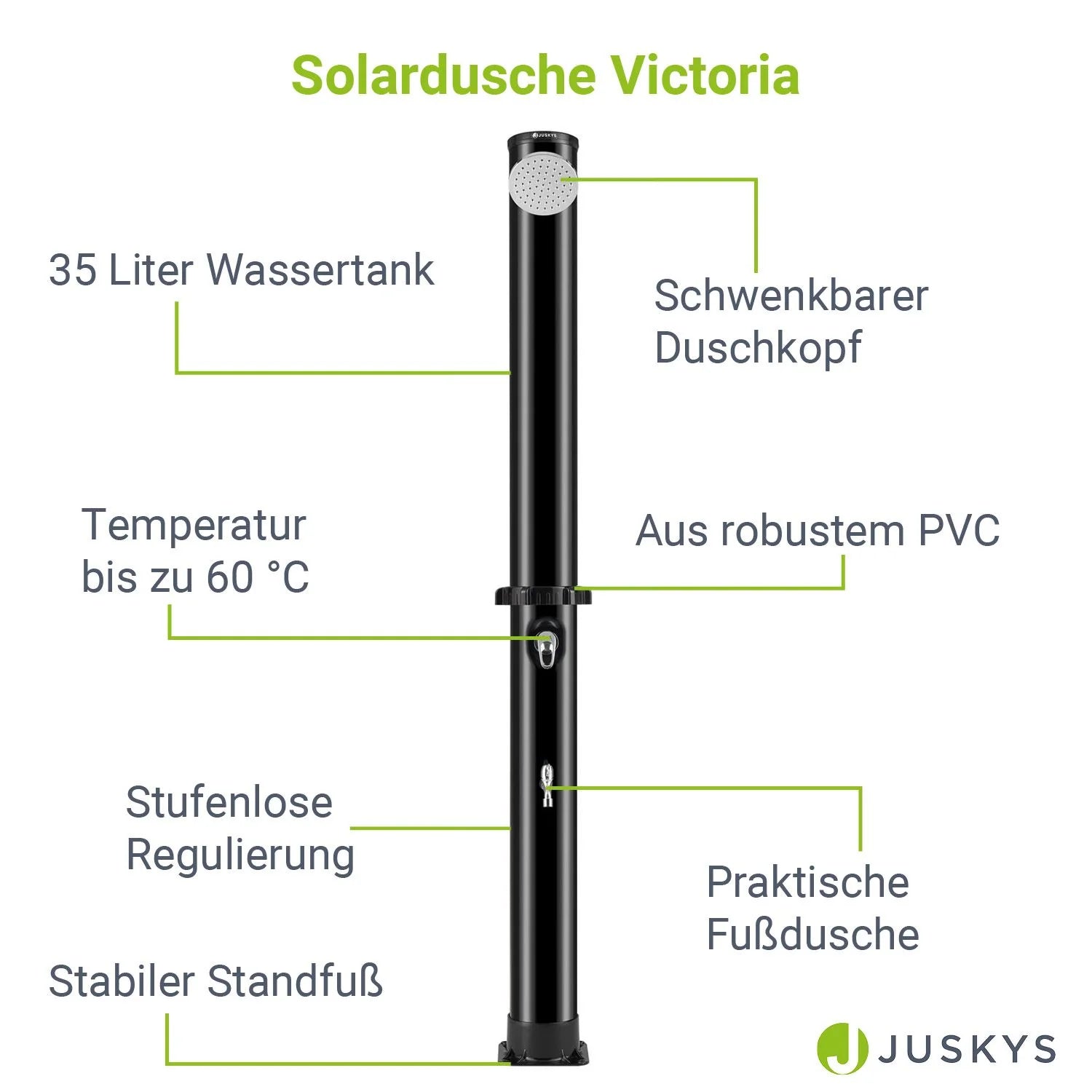 2025 Ducha Solar de Jardín Victoria 20 L Negra con Rociador Lluvia, Regulador de Temperatura y Ducha para Pies