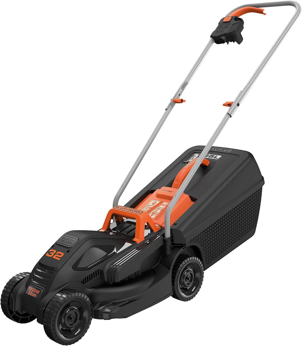 BLACK+DECKER Cortacésped eléctrico 1000W, ancho de corte 32 cm, ajuste de altura de 20-60mm, depósito de 35L, incluye desbrozadora 250W, sistema E-Drive, para jardines hasta 250m², BEMW351GL2