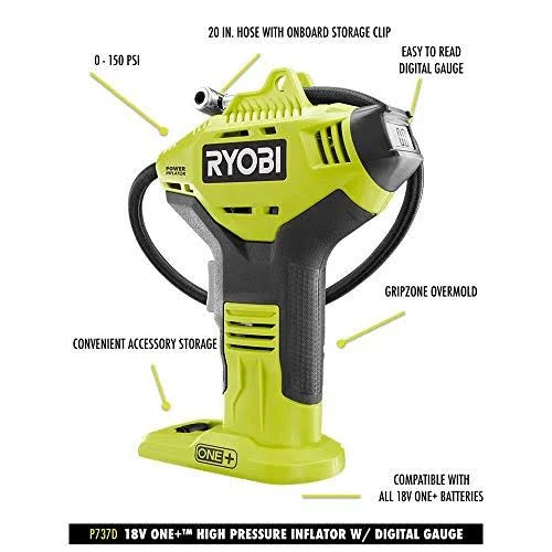 2025 Inflador de alta presión inalámbrico Ryobi P737D 18V One+ con manómetro digital, batería 4.0 Ah, cargador y bolsa