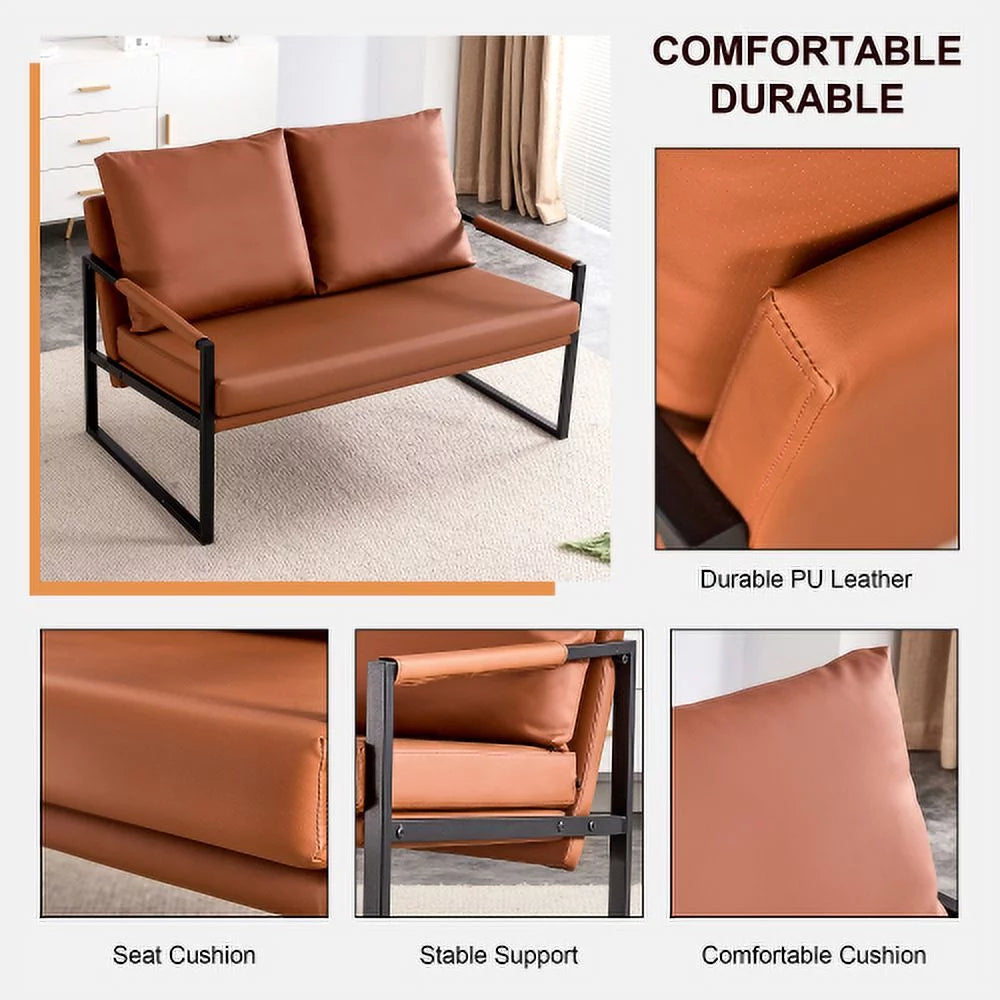 Sofá moderno de 2 plazas con 2 cojines – cuero PU, espuma de alta densidad, estructura metálica negra revestida, color marrón