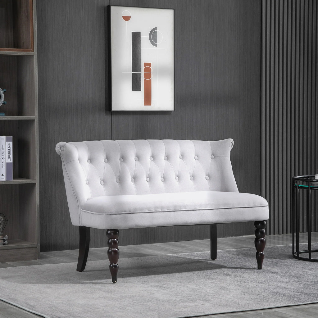Sofá loveseat vintage, sillón capitoné con patas talladas y marco de madera, gris
