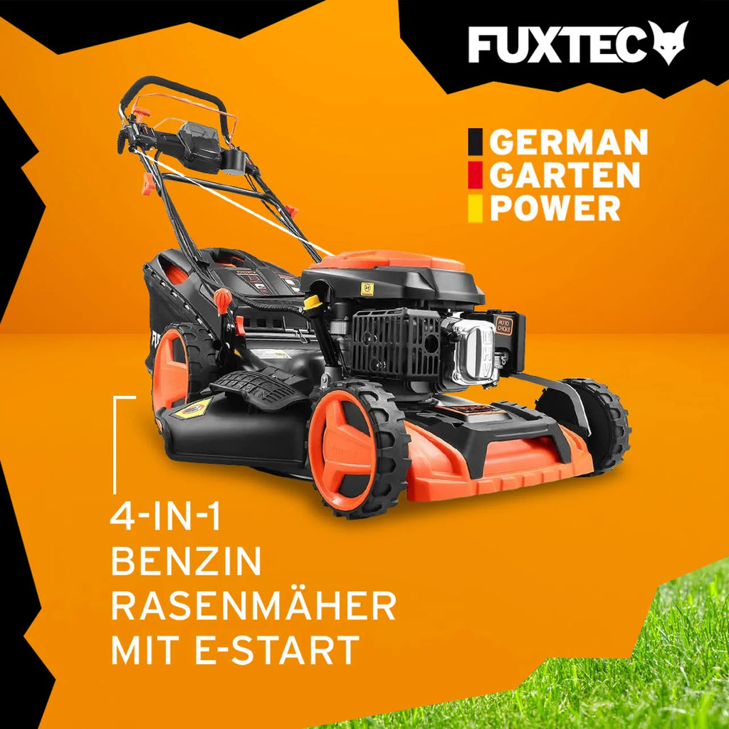2025 Cortacésped de gasolina 4 en 1 FUXTEC FX-RM5196eS con motor ZIPGO, cortacésped de jardín con función de descarga lateral, ancho de corte 51 cm, motor de 4 tiempos con tracción trasera, ruedas grandes con rodamientos, bolsa de césped 60 L
