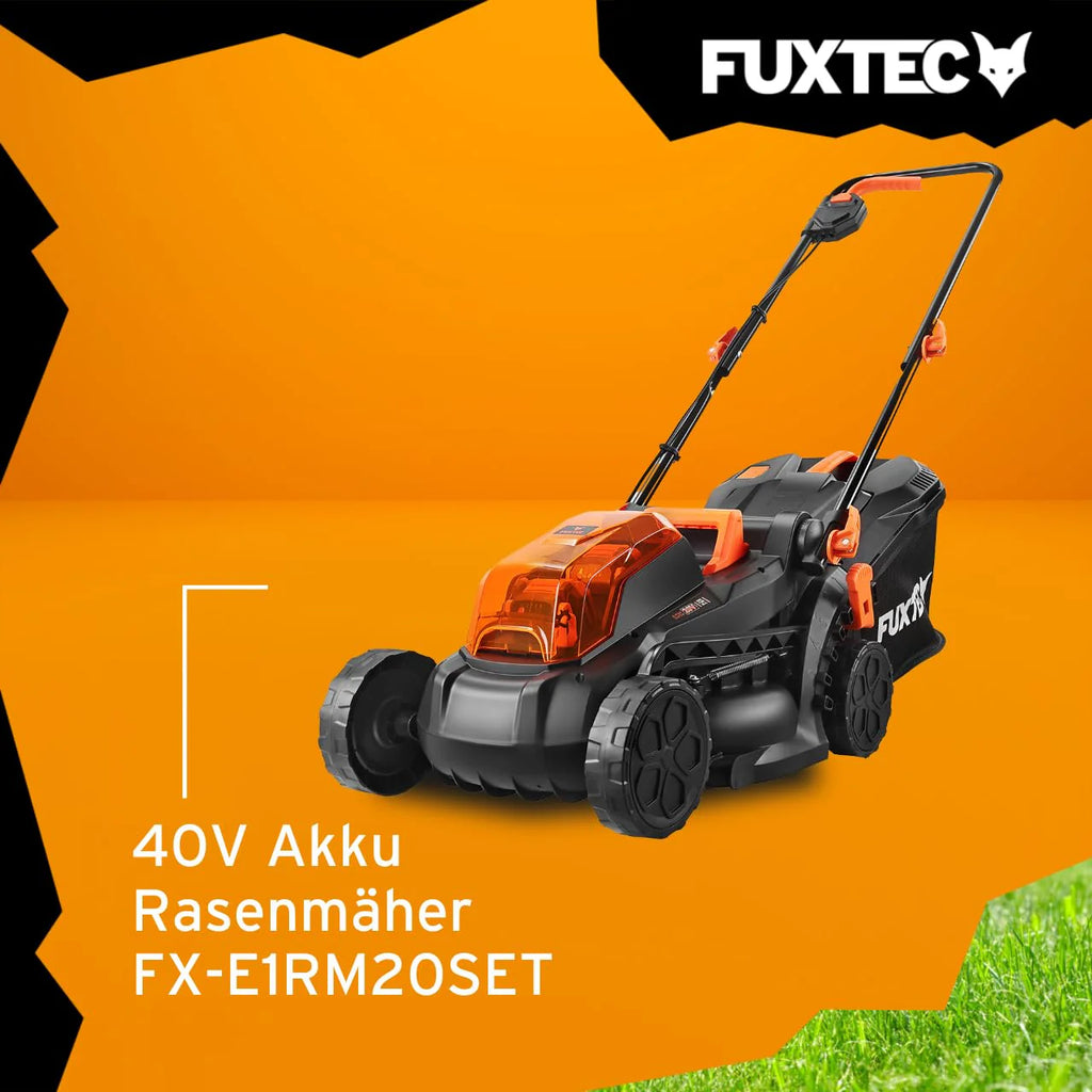 2025 Cortacésped inalámbrico FUXTEC 40V (2x20V) E1RM20 con 2 baterías Li-Ion 20V 2Ah y cargador doble – Ancho de corte 33 cm, altura de corte variable